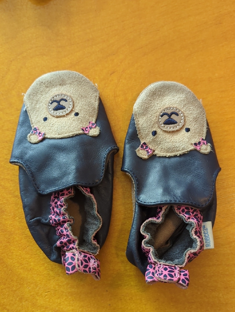 Robeez Black and Tan Bear Moccasins with Pink Accents